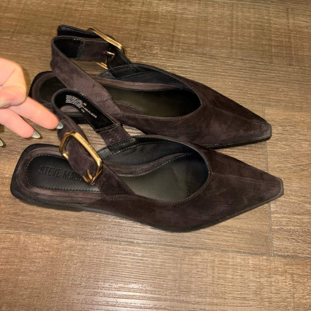 Steve Madden Dark Brown Suede Pointed Slingback Flats with Gold Buckle